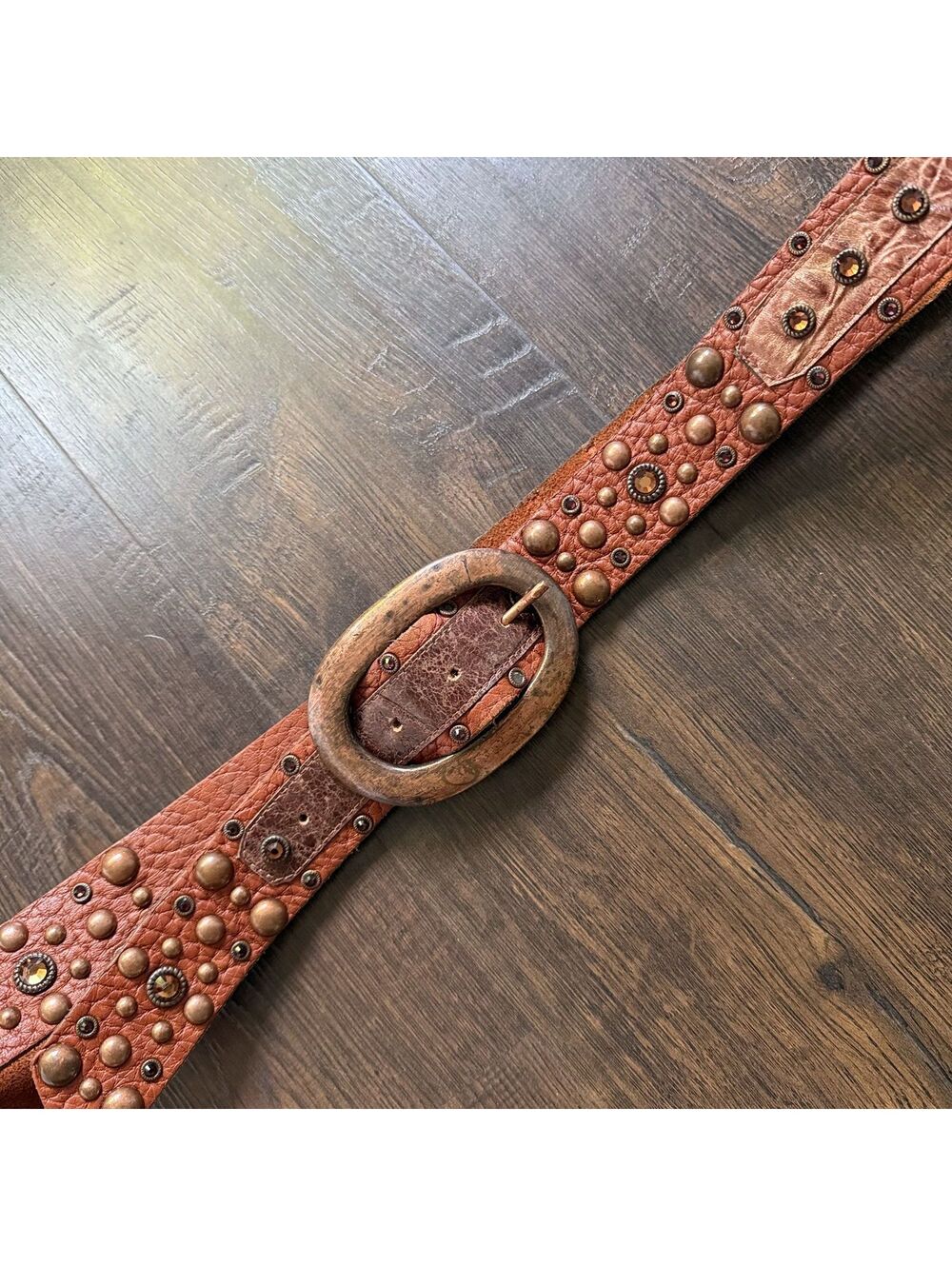 Vintage Y2K Leatherock Cognac Leather Studded Crystal Western Belt USA